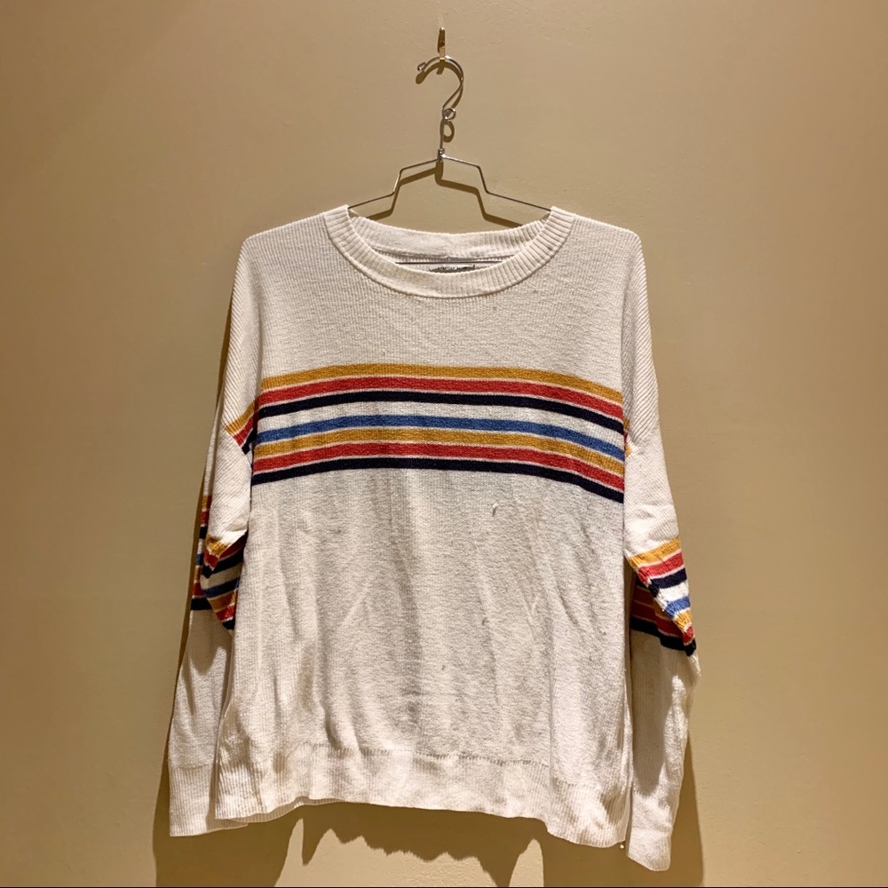 American Eagle White Sweater with Colored Stripes